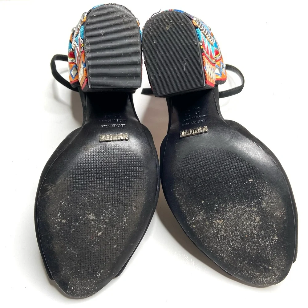 Schutz Black Suede Open Toe Ankle Strap Embroidered Block Heel Size 38